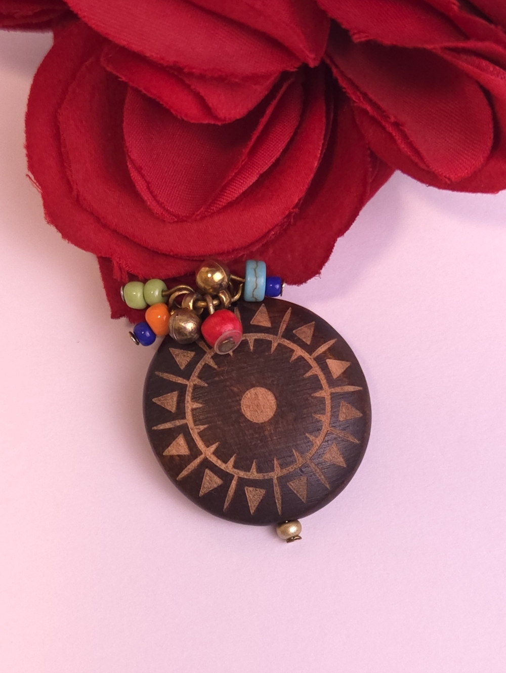 Handmade Round Wooden Sun Motif & Multi Stone Chip Pendant or Charm
